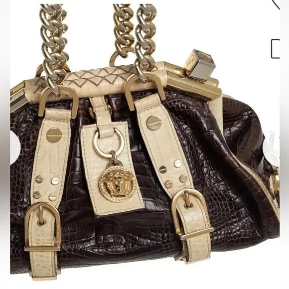Vintage Versace Brown/Cream Croc EmbossedLeather Madonna Satchel NWT - Picture 10 of 12